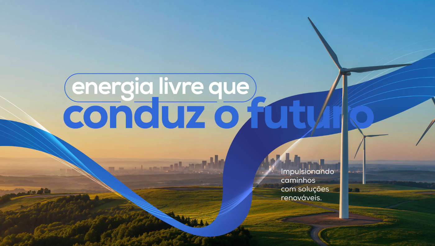 Parque eólico ao amanhecer com uma cidade ao fundo